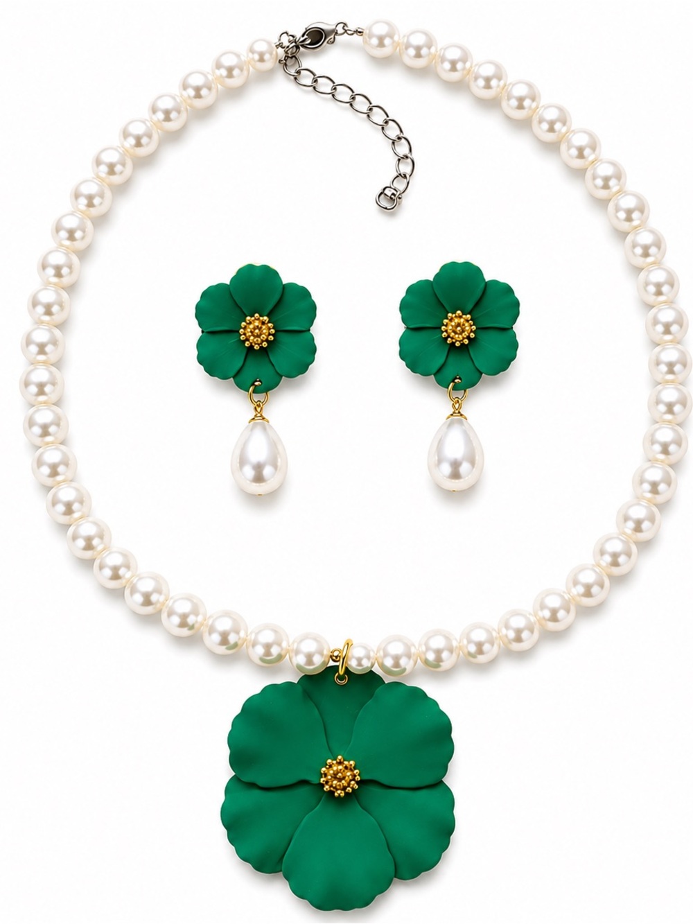 Vintage Green Flower Faux Pearl Necklace & Earrings Statement Jewelry Set